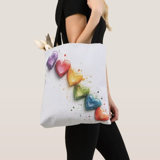 Rainbow Hearts Aquarel Digitale Kunst Tote Bag (Dichtbij)