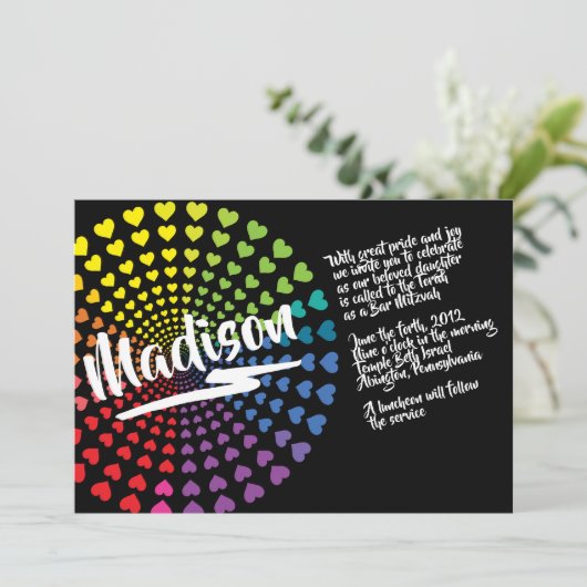 RAINBOW HEARTS Bat Mitswa Uitnodiging (Staand voorkant)