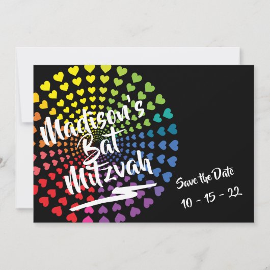 RAINBOW HEARTS Bat Mitzvah Save the Date (Voorkant)