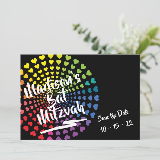 RAINBOW HEARTS Bat Mitzvah Save the Date (Staand voorkant)