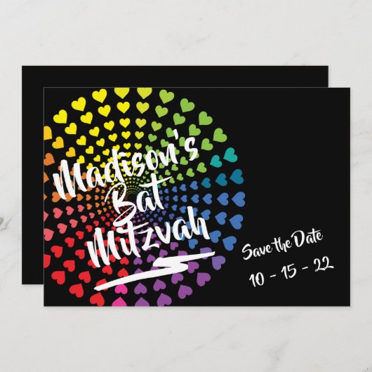 RAINBOW HEARTS Bat Mitzvah Save the Date (Voorkant / Achterkant)