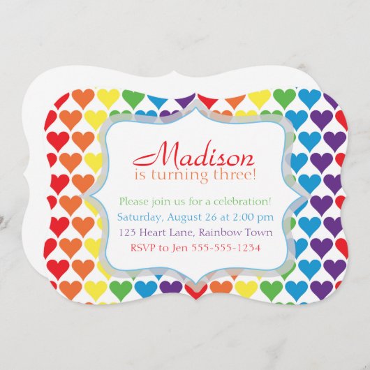 Rainbow Hearts Birthday Invitation Kaart (Voorkant / Achterkant)