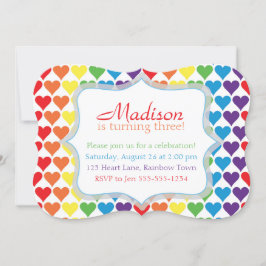 Rainbow Hearts Birthday Invitation Kaart