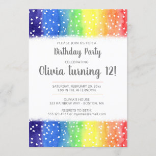 Rainbow Hearts Birthday Party Invitation Kaart