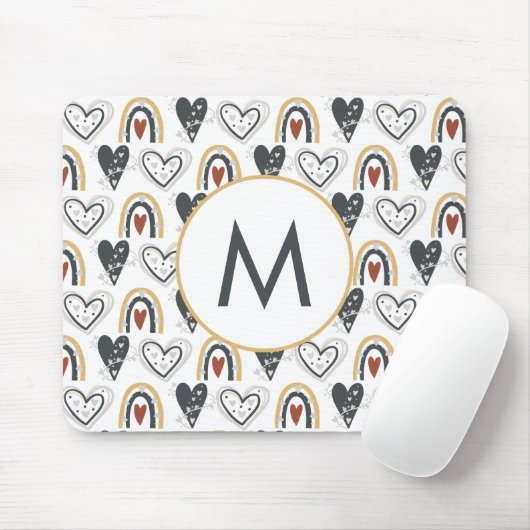 Rainbow Hearts Boho Pattern Monogram Initiaal Muismat (Met muis)