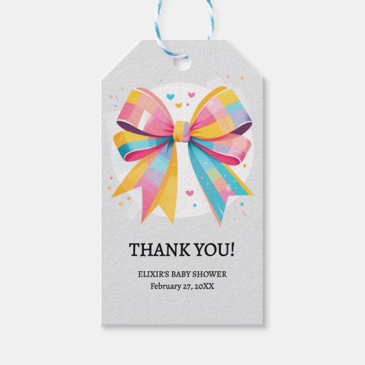 Rainbow Hearts Bow Baby shower Cadeaulabel (Voorkant)