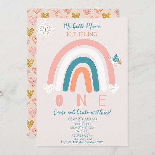 Rainbow Hearts Eerste Uitnodiging Verjaardag (Voorkant / Achterkant)