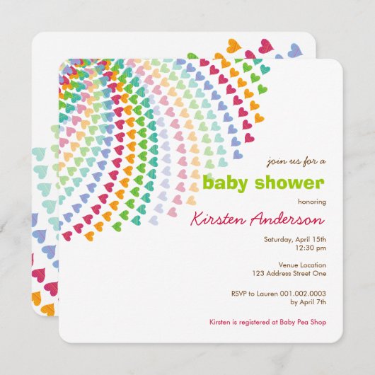 Rainbow Hearts Fun Sprinkles Whimsical Baby shower Kaart (Voorkant / Achterkant)