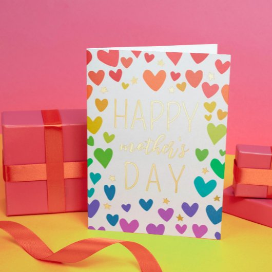 Rainbow Hearts Gold Stars Happy Moederdag Folie Wenskaart