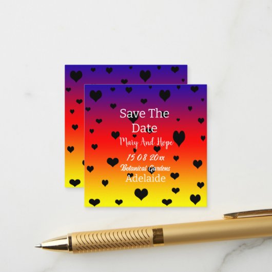 Rainbow Hearts Save The Date Gay Wedding, Informatiekaartje (Voorkant / Achterkant in situ)