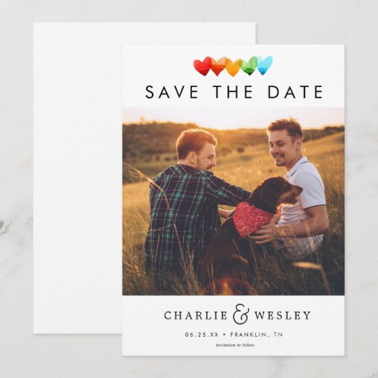 Rainbow Hearts Sparen de Datum met Foto Save The Date (Voorkant / Achterkant)