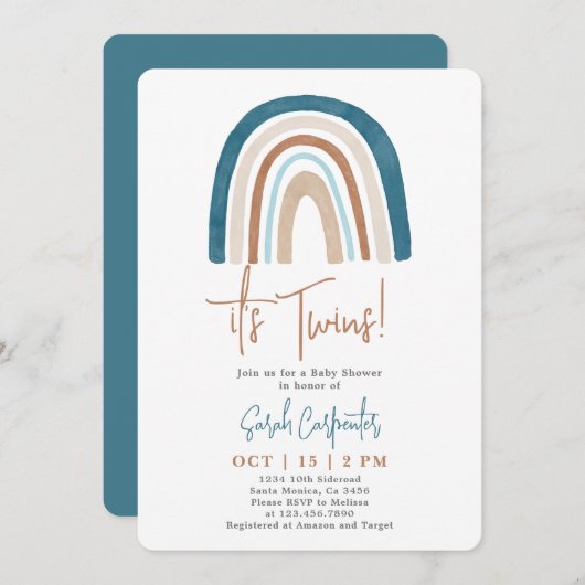 Rainbow het is Twins Baby shower Boy nodiging Kaart (Voorkant / Achterkant)