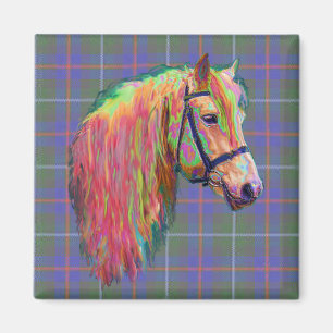 Rainbow highland pony op tartan, pas me aan! magneet