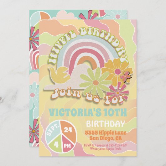 Rainbow Hippie Birthday Party Invitation Kaart (Voorkant / Achterkant)