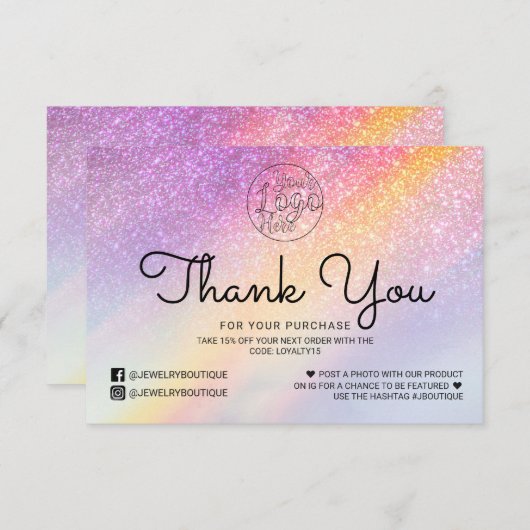 Rainbow Holograph Glitter Ombre Klant Dank u Bedankkaart (Voorkant / Achterkant)