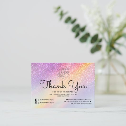 Rainbow Holograph Glitter Ombre Klant Dank u Visitekaartje (Staand voorkant)