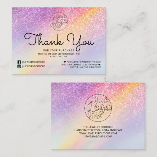Rainbow Holograph Glitter Ombre Klant Dank u Visitekaartje (Voorkant / Achterkant)