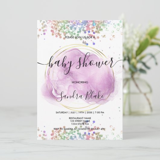 Rainbow Holographic Glitter Drift Baby shower Inv Kaart (Staand voorkant)