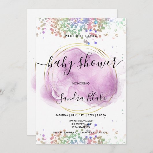 Rainbow Holographic Glitter Drift Baby shower Inv Kaart (Voorkant / Achterkant)