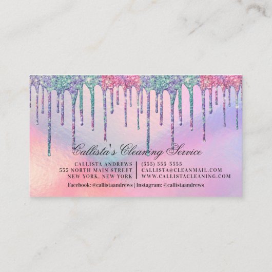 Rainbow Holographic Glitter Drips Cleaning Service Visitekaartje (Achterkant)