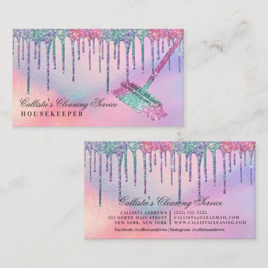 Rainbow Holographic Glitter Drips Cleaning Service Visitekaartje (Voorkant / Achterkant)