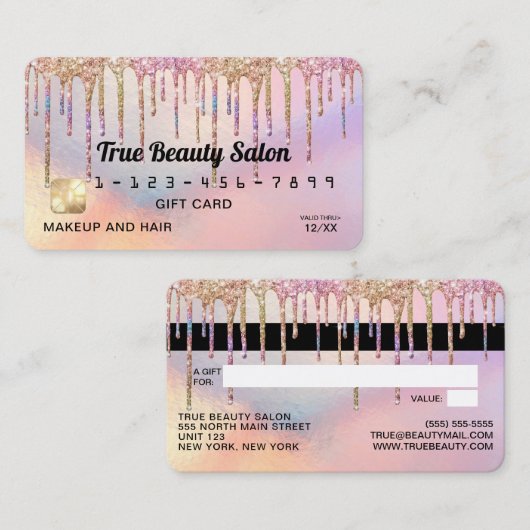 Rainbow Holographic Glitter Drips Gift Credit Visitekaartje (Voorkant / Achterkant)