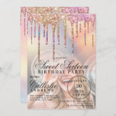 Rainbow Holographic Glitter Drips Photo Sweet 16 Kaart (Voorkant / Achterkant)