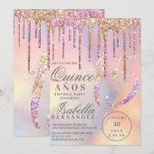 Rainbow Holographic Glitter Drips Quinceañera Kaart (Voorkant / Achterkant)