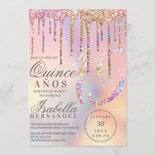 Rainbow Holographic Glitter Drips Quinceañera Kaart