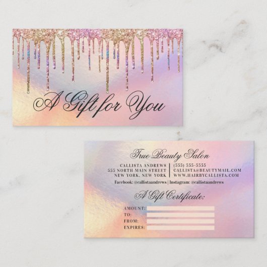 Rainbow Holographic Glitter Druppels Cadeaubon Visitekaartje (Voorkant / Achterkant)