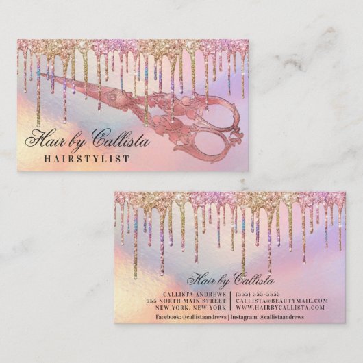 Rainbow Holographic Glitter Druppelt Haar Schaar Visitekaartje (Voorkant / Achterkant)