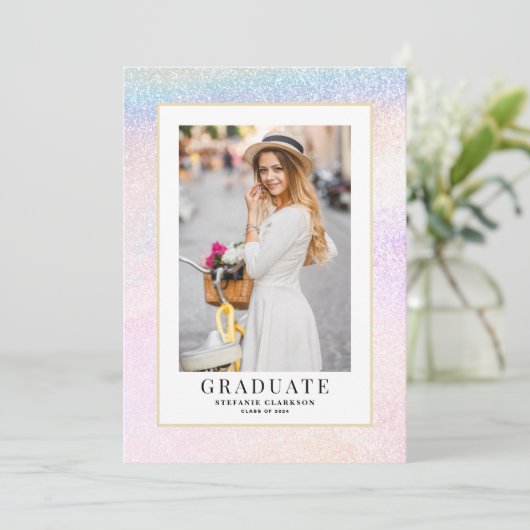 Rainbow Holographic Glitter Photo Afstuderen Aankondiging (Staand voorkant)