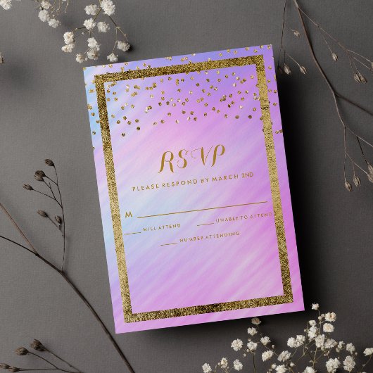 Rainbow Holographic Gold Confetti RSVP Kaartje