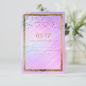 Rainbow Holographic Gold Confetti RSVP Kaartje (Staand voorkant)