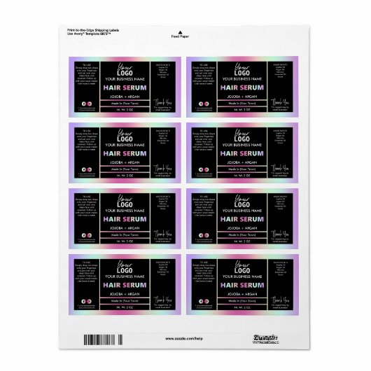 Rainbow Holographic Hair Serum Labels (Full Sheet)