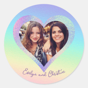 Rainbow Holographic Heart Lijst Aangepaste foto Ronde Sticker
