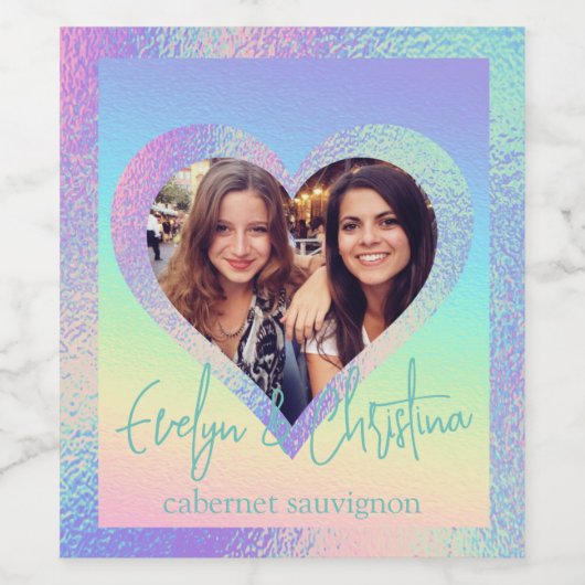 Rainbow Holographic Heart Lijst Aangepaste foto Wijn Etiket (Enkel label)
