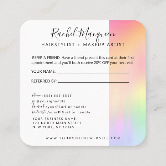 Rainbow Holographic Iridescent Unicorn Script Aanbevelingskaartje (Achterkant)