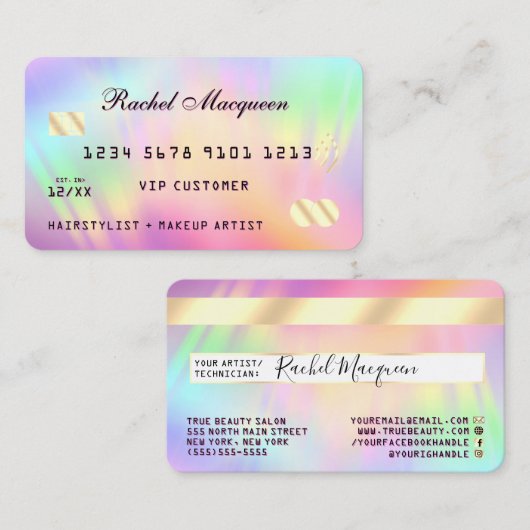 Rainbow Holographic Iridescent Unicorn-tegoed Visitekaartje (Voorkant / Achterkant)