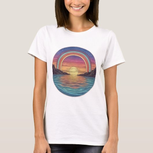 Rainbow Horizons: Serene Sunset Art T-shirt (Voorkant)