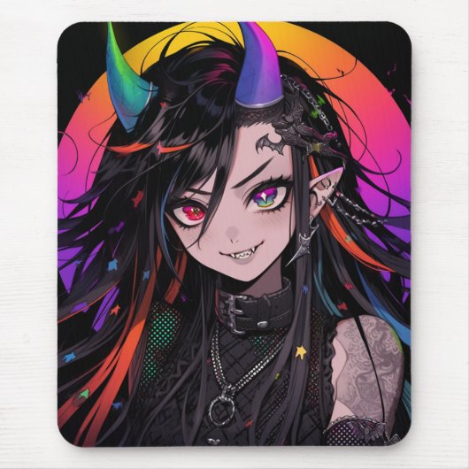 Rainbow Horned Gothic Punk Anime Meisje Muismat (Voorkant)