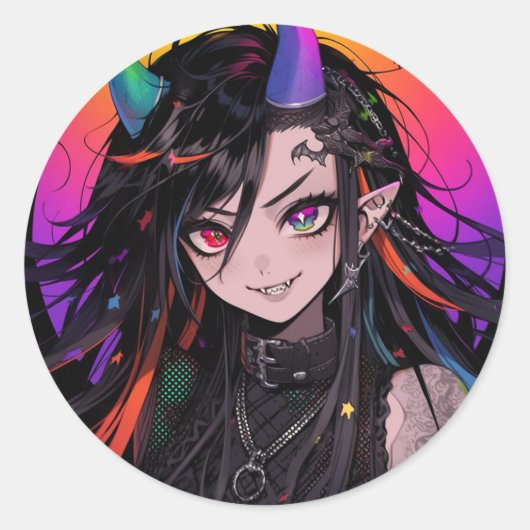 Rainbow Horned Gothic Punk Anime Meisje Ronde Sticker (Voorkant)