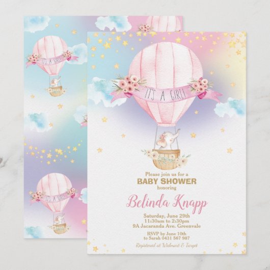 Rainbow Hot Air ballon Baby Girl Sholephant Kaart (Voorkant / Achterkant)