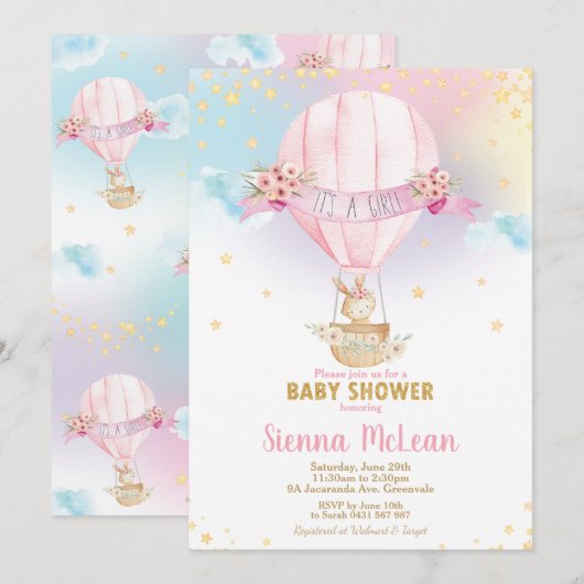 Rainbow Hot Air Balloon Baby shower Bunny Girl Kaart (Voorkant / Achterkant)
