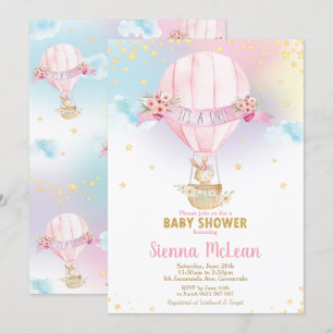 Rainbow Hot Air Balloon Baby shower Bunny Girl Kaart