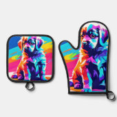 Rainbow Hued Dog Art Ovenwant & Pannenlap Set (Voorkant)