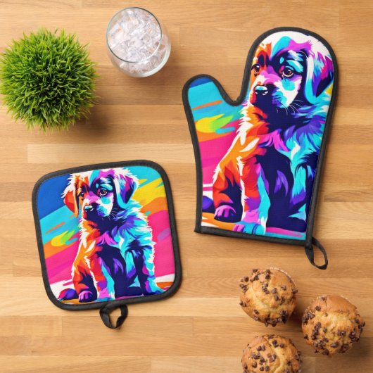 Rainbow Hued Dog Art Ovenwant & Pannenlap Set (Top down)