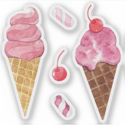 Rainbow ice cream cones waterverf cherry sticker (Voorkant)