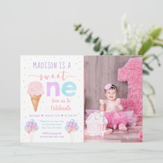 Rainbow Ice Cream First Birthday Kaart (Staand voorkant)