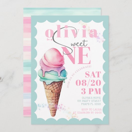 Rainbow Ice Cream Sweet One Eerste 1e Verjaardag Kaart (Voorkant / Achterkant)